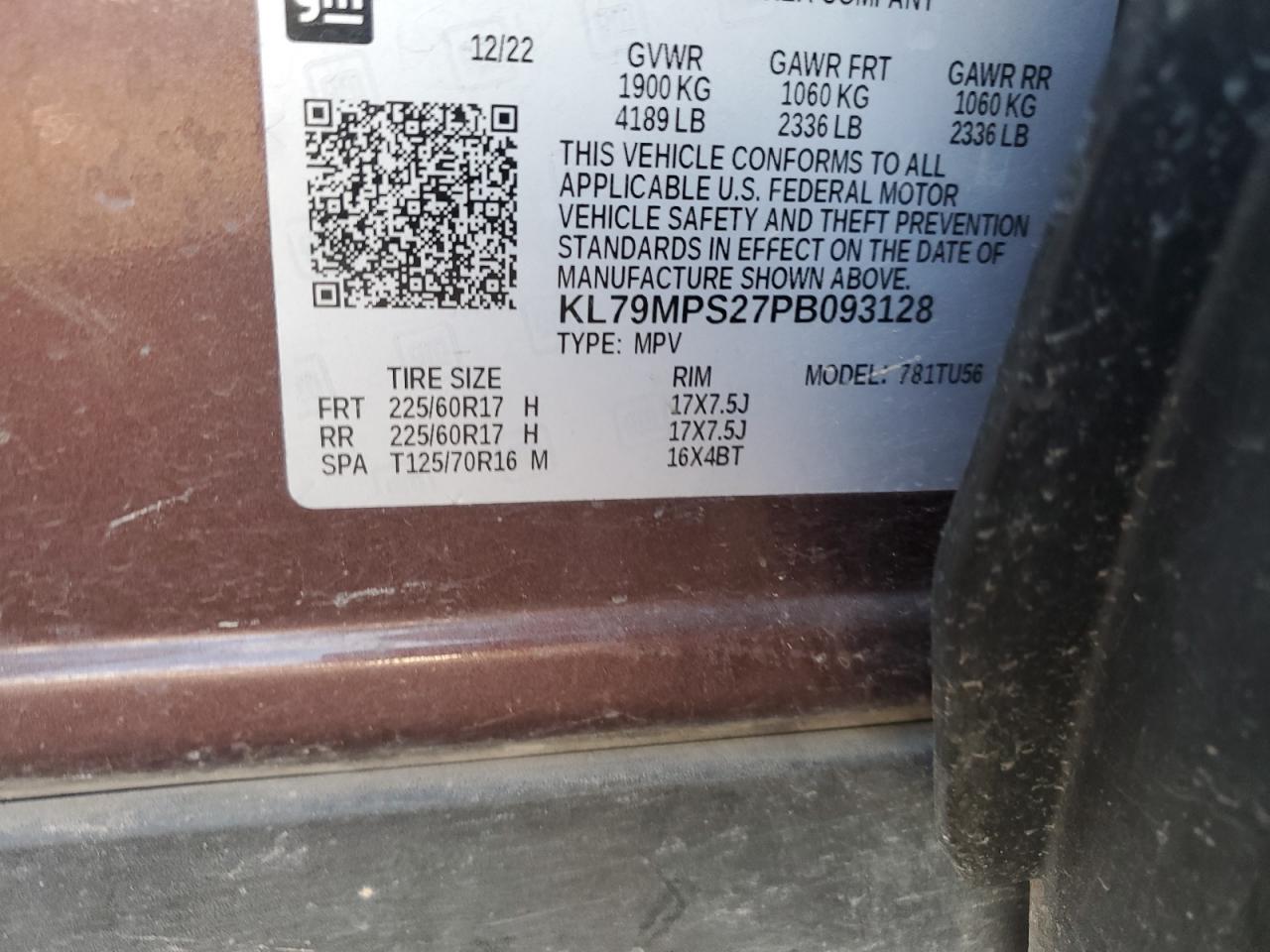 2023 CHEVROLET TRAILBLAZER LT VIN:KL79MPS27PB093128