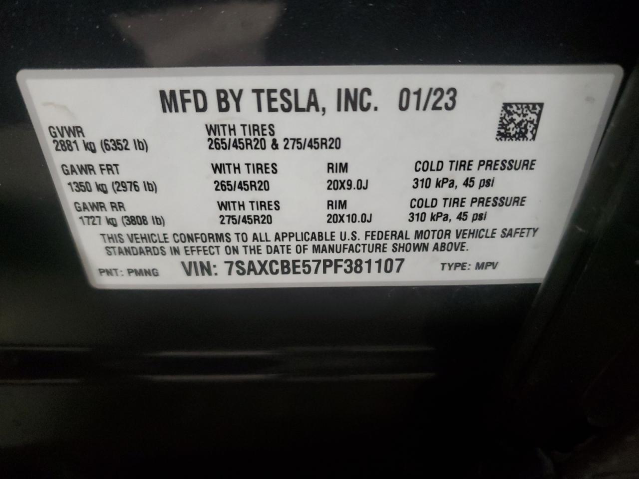 2023 TESLA MODEL X  VIN:7SAXCBE57PF381107