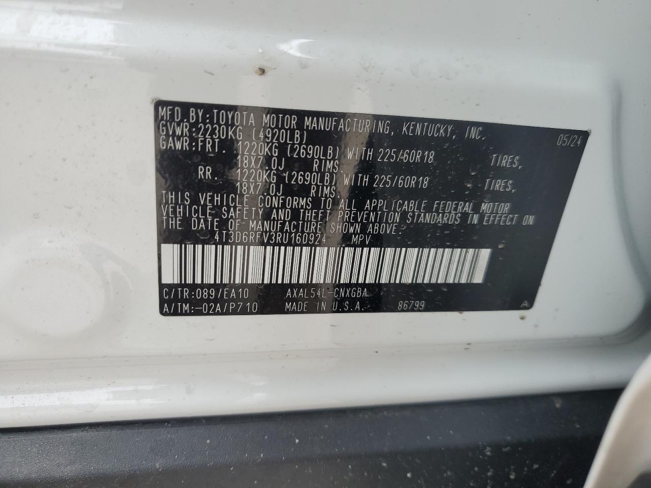 2024 TOYOTA RAV4 LIMITED VIN:4T3D6RFV3RU160924