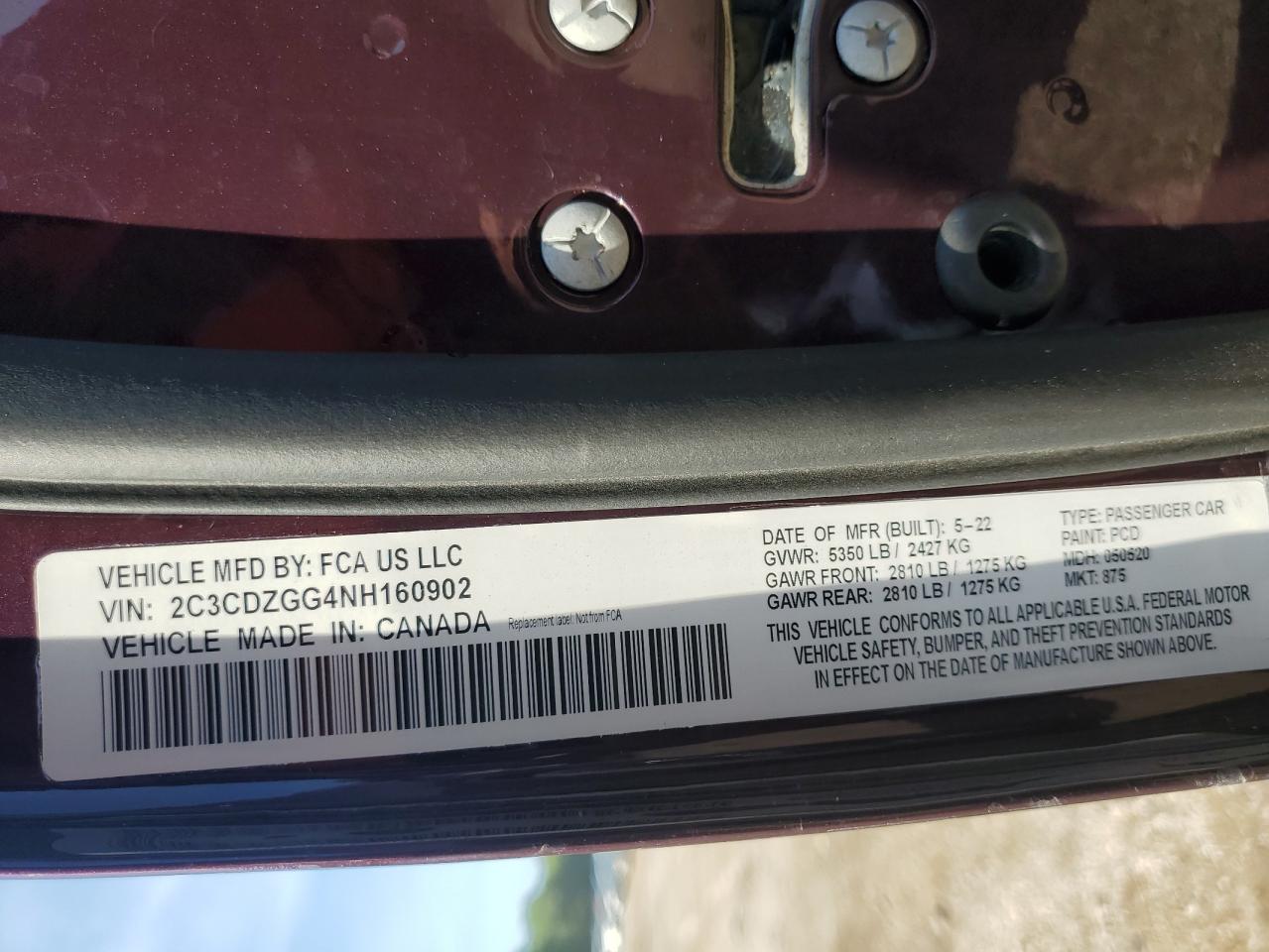 2022 DODGE CHALLENGER SXT VIN:2C3CDZGG4NH160902