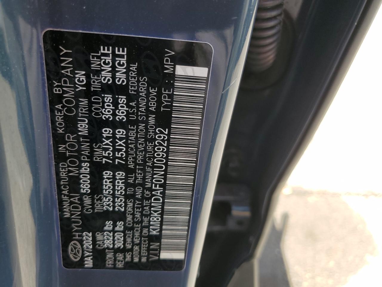 2022 HYUNDAI IONIQ 5 SE VIN:KM8KMDAF0NU099292