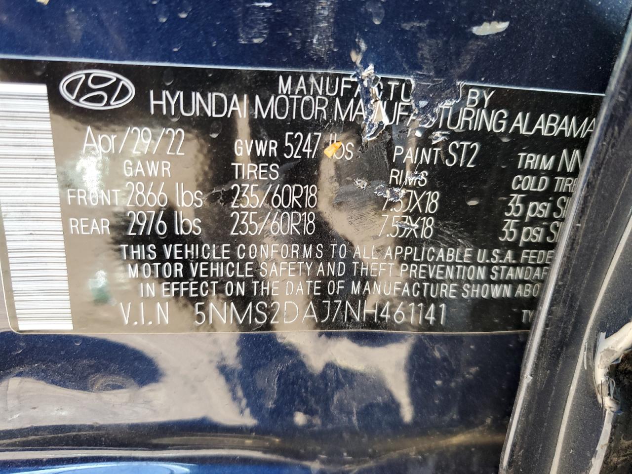 2022 HYUNDAI SANTA FE SEL VIN:5NMS2DAJ7NH461141