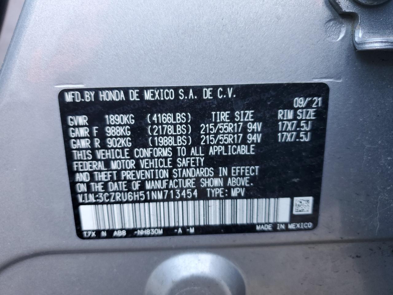 2022 HONDA HR-V EX VIN:3CZRU6H51NM713454