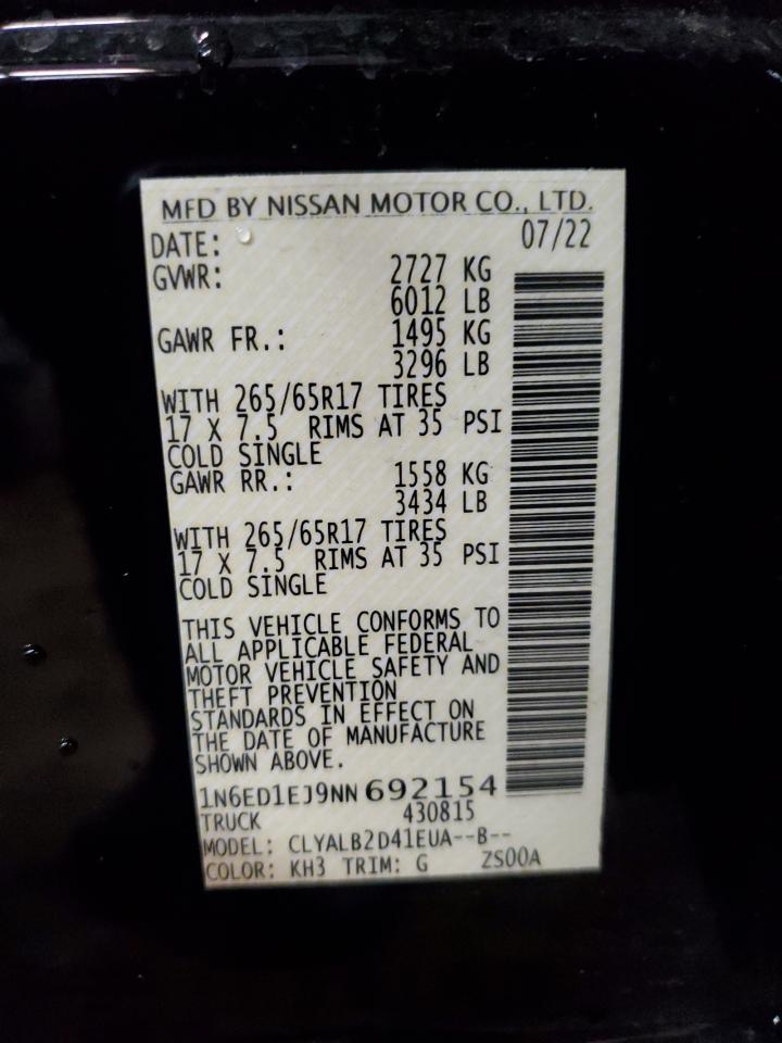 2022 NISSAN FRONTIER S VIN:1N6ED1EJ9NN692154