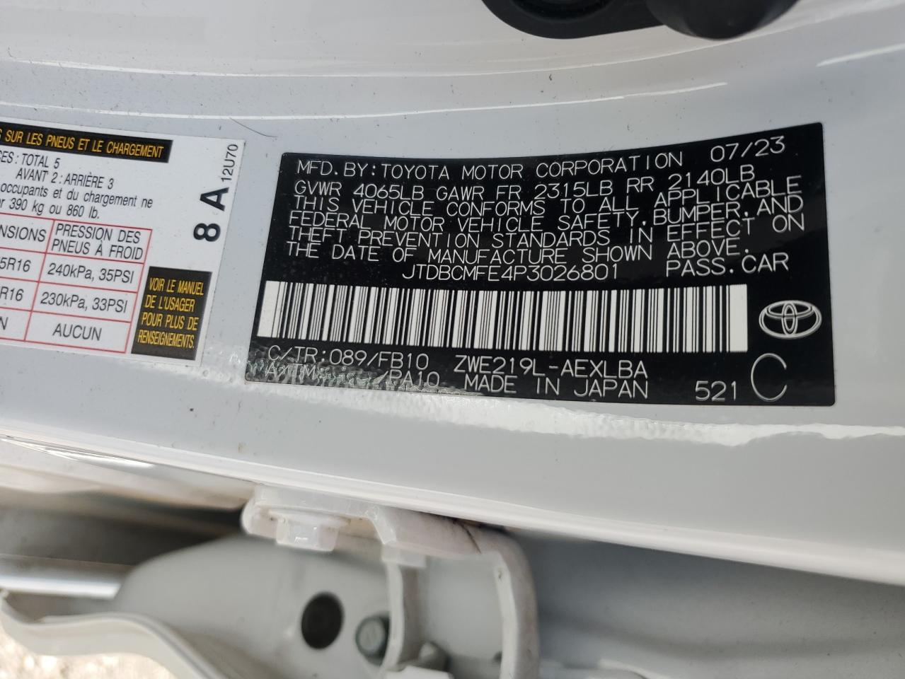 2023 TOYOTA COROLLA LE VIN:JTDBCMFE4P3026801