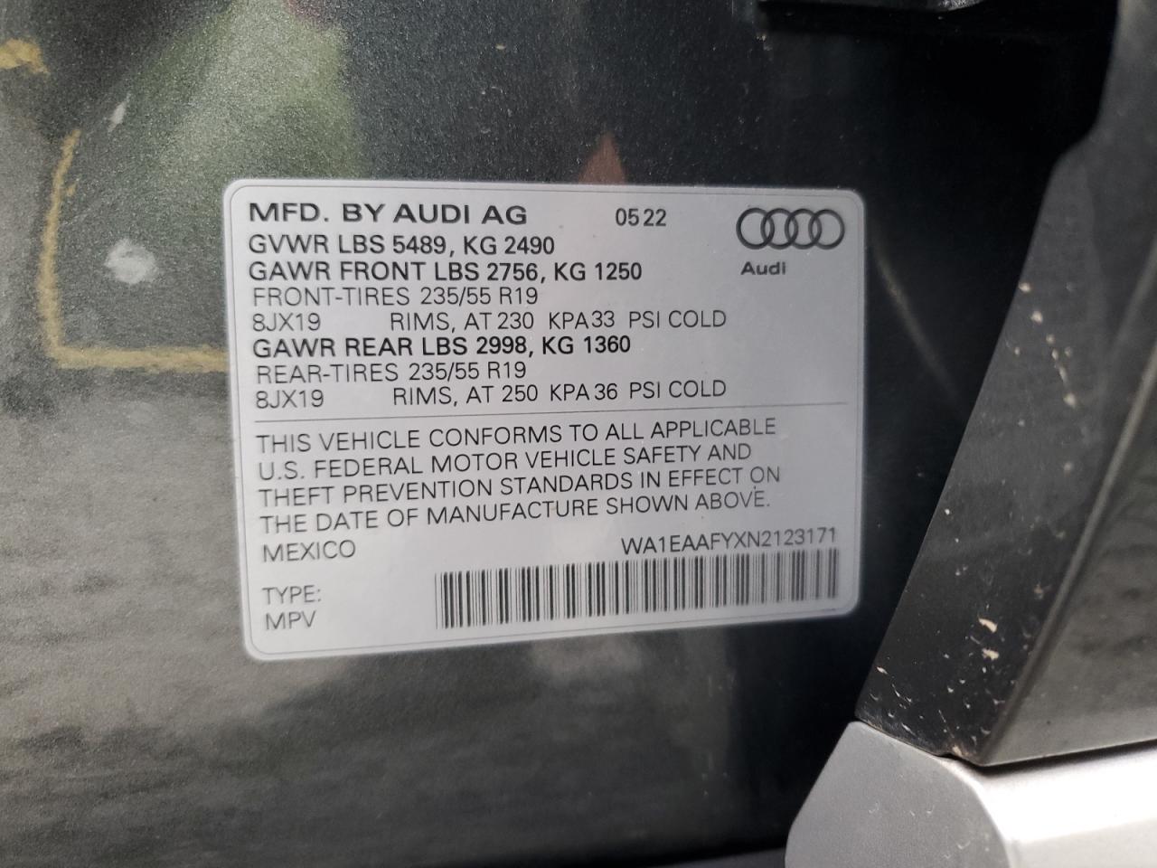 2022 AUDI Q5 PREMIUM PLUS 45 VIN:WA1EAAFYXN2123171