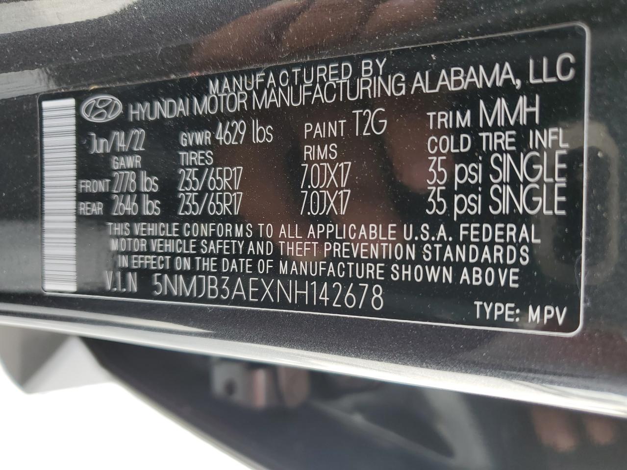 2022 HYUNDAI TUCSON SEL VIN:5NMJB3AEXNH142678