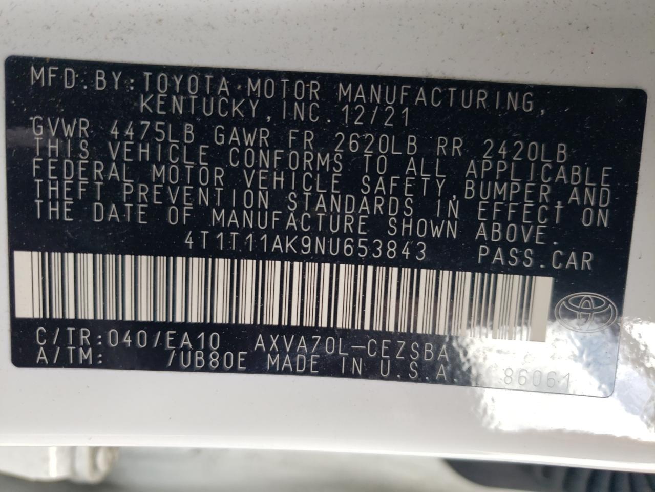 2022 TOYOTA CAMRY SE VIN:4T1T11AK9NU653843