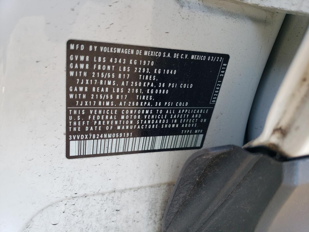 2022 VOLKSWAGEN TAOS S VIN:3VVDX7B24NM059191