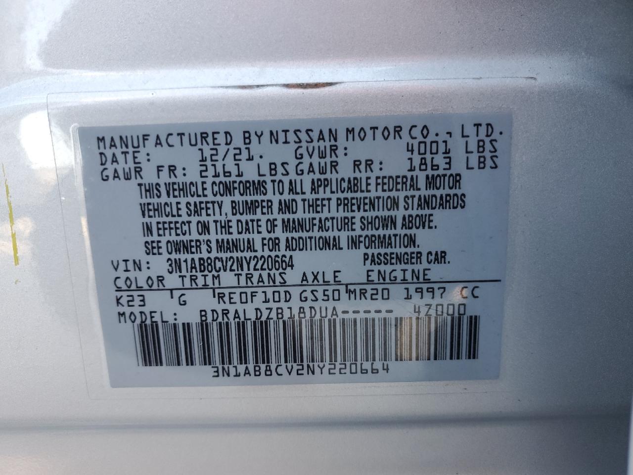 2022 NISSAN SENTRA SV VIN:3N1AB8CV2NY220664