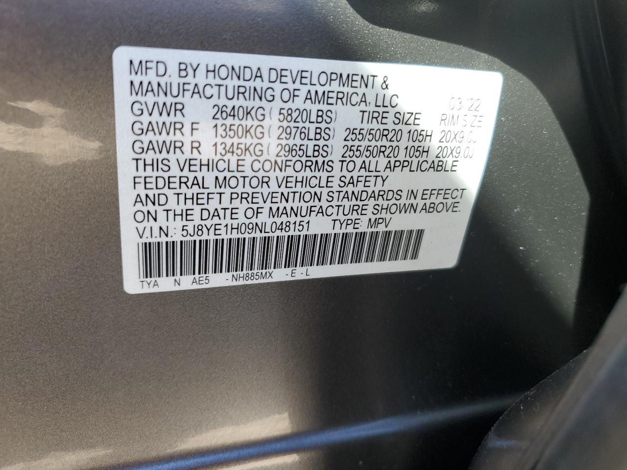 2022 ACURA MDX A-SPEC VIN:5J8YE1H09NL048151