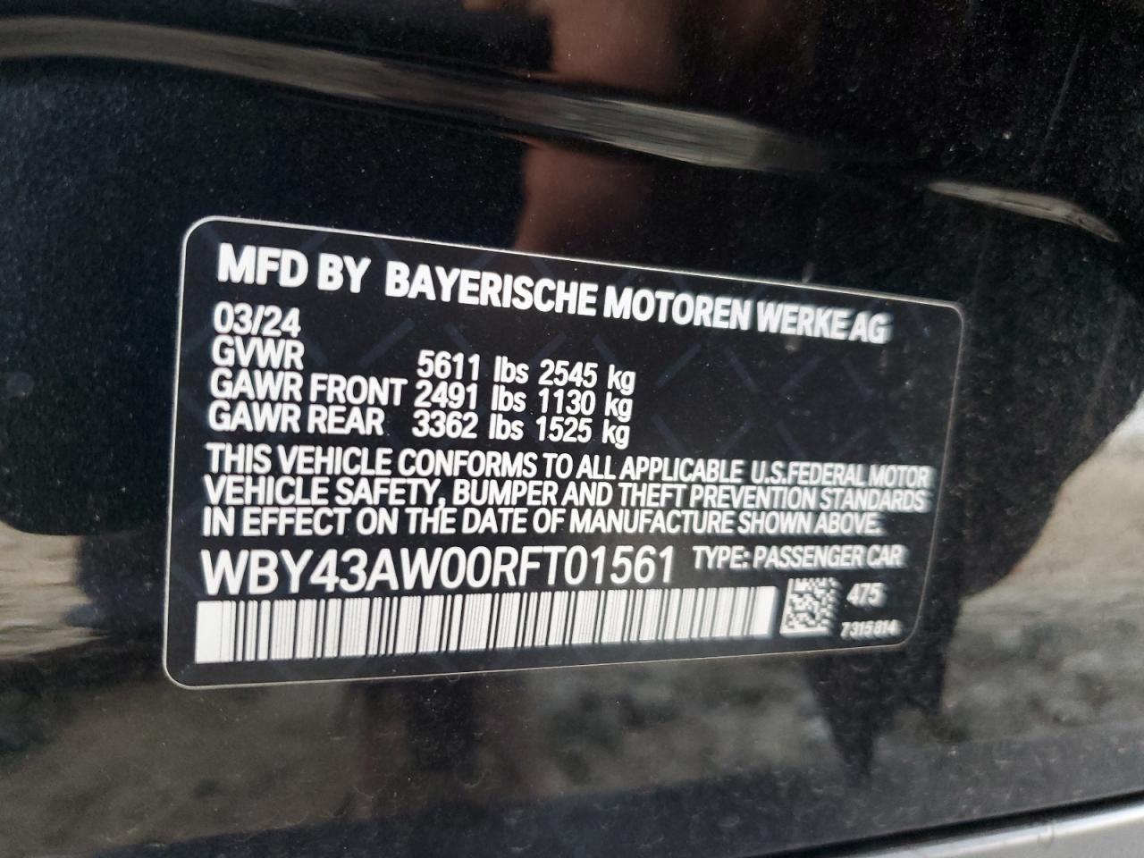 2024 BMW I4 EDRIVE 35 VIN:WBY43AW00RFT01561