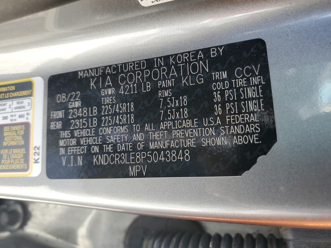 2023 KIA NIRO EX VIN:KNDCR3LE8P5043848