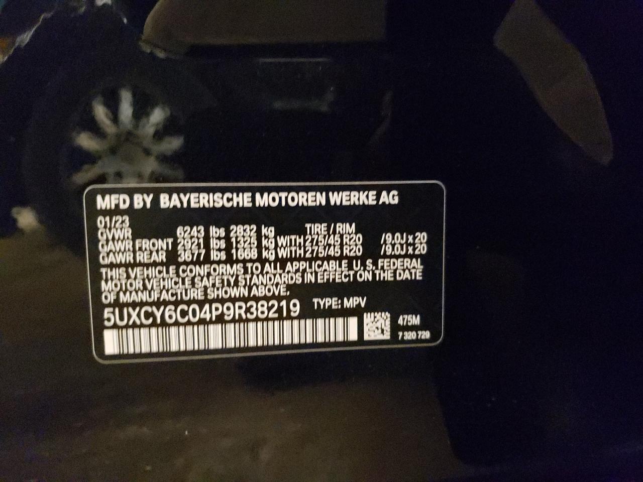 2023 BMW X6 XDRIVE40I VIN:5UXCY6C04P9R38219