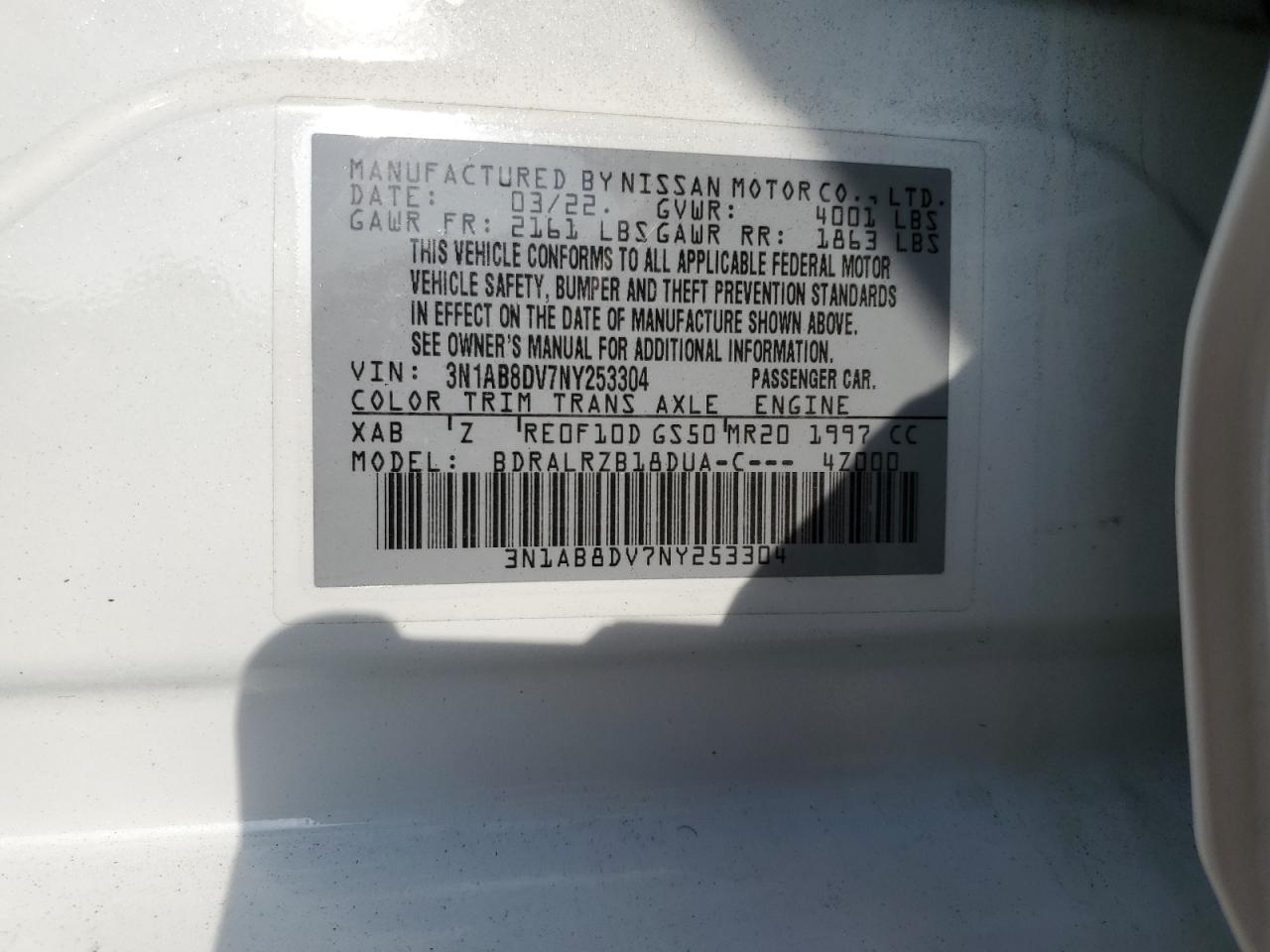 2022 NISSAN SENTRA SR VIN:3N1AB8DV7NY253304