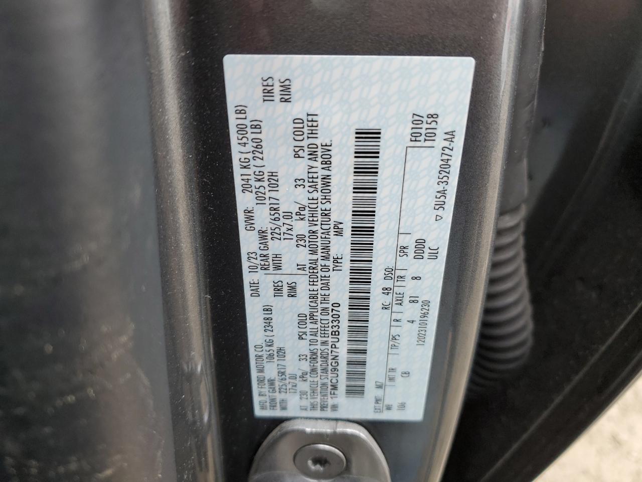 2023 FORD ESCAPE ACTIVE VIN:1FMCU9GN7PUB33070