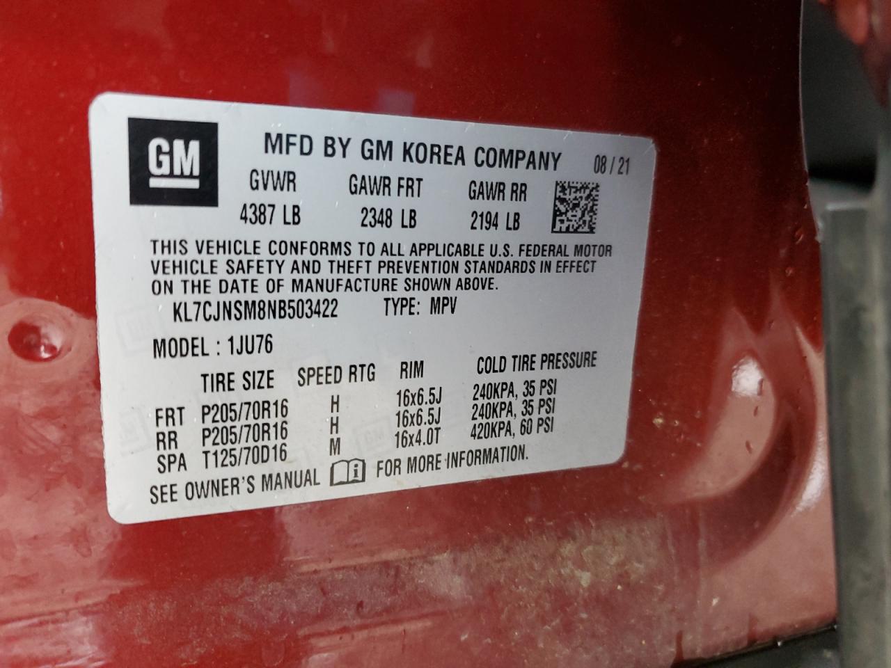 2022 CHEVROLET TRAX LS VIN:KNDJX3A57G7248422