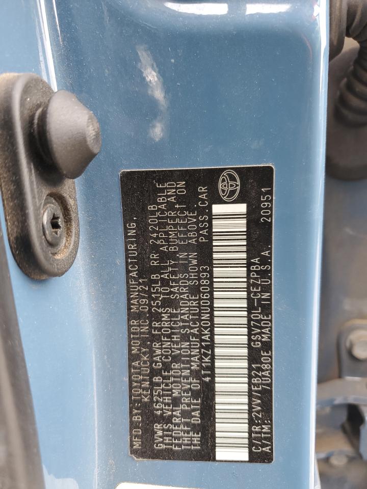 2022 TOYOTA CAMRY TRD VIN:4T1KZ1AK0NU060893