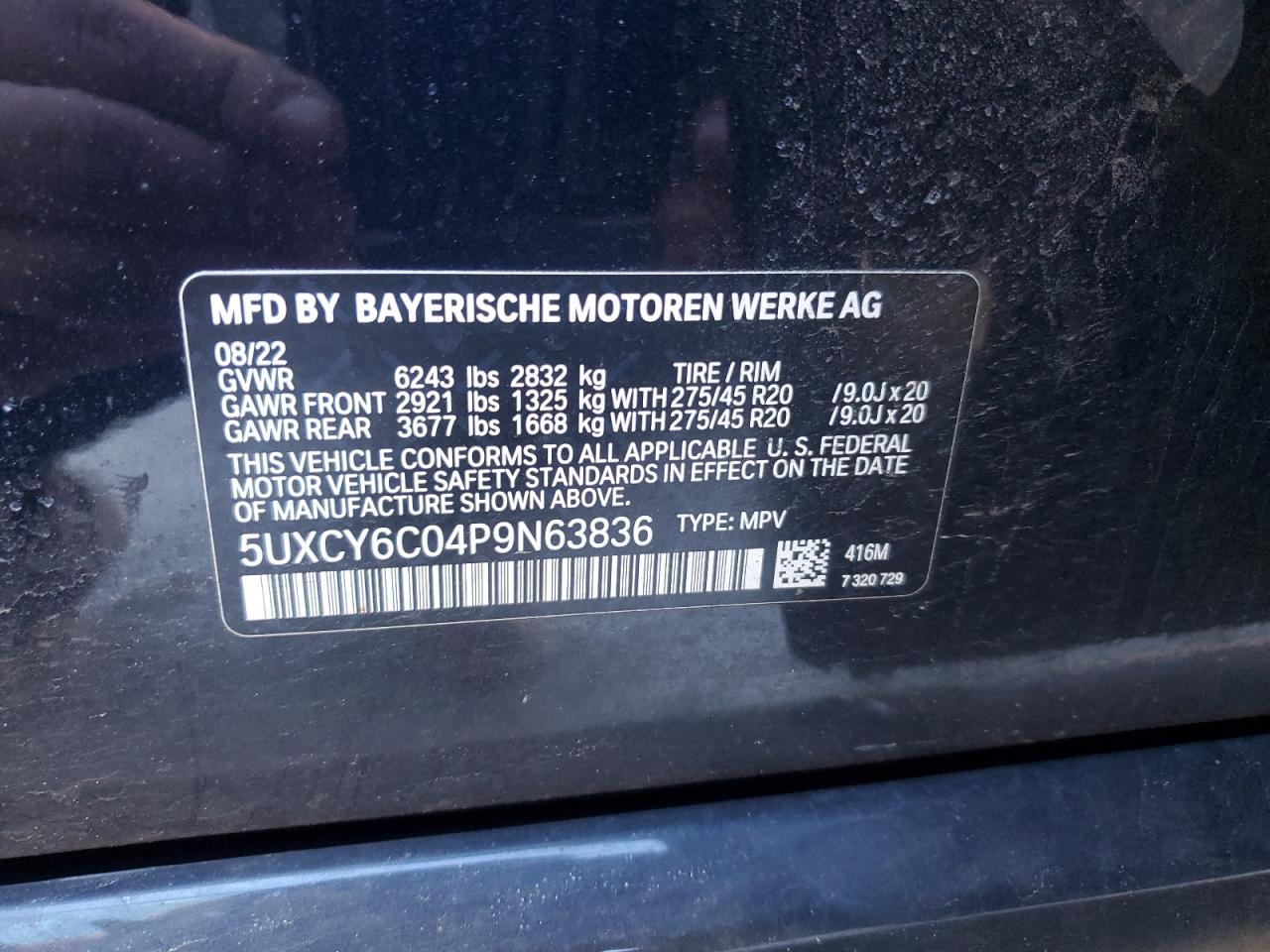 2023 BMW X6 XDRIVE40I VIN:5UXCY6C04P9N63836