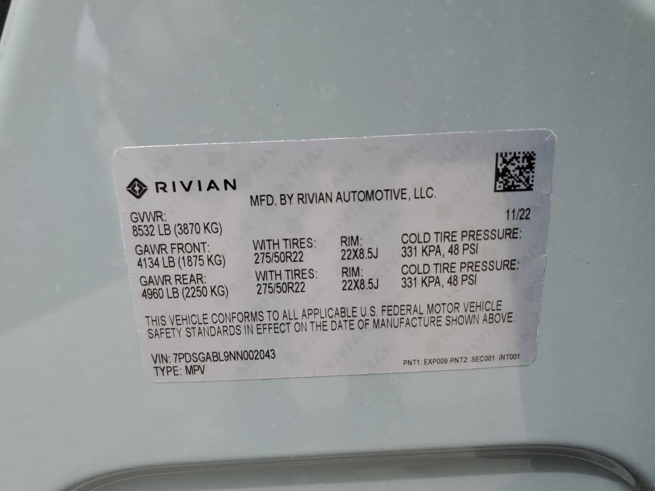 2022 RIVIAN R1S LAUNCH EDITION VIN:7PDSGABL9NN002043