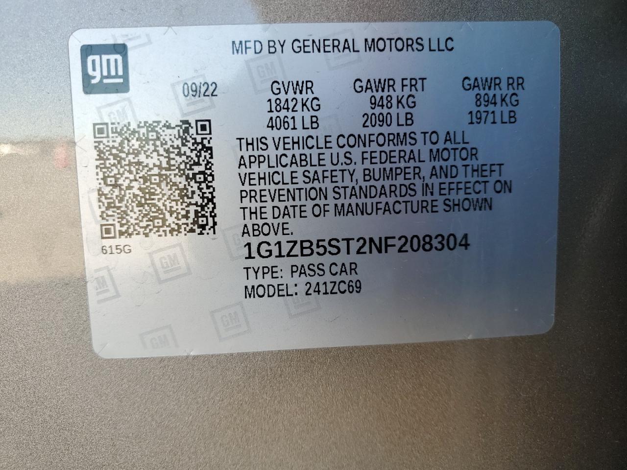 2022 CHEVROLET MALIBU LS VIN:1G1ZB5ST2NF208304