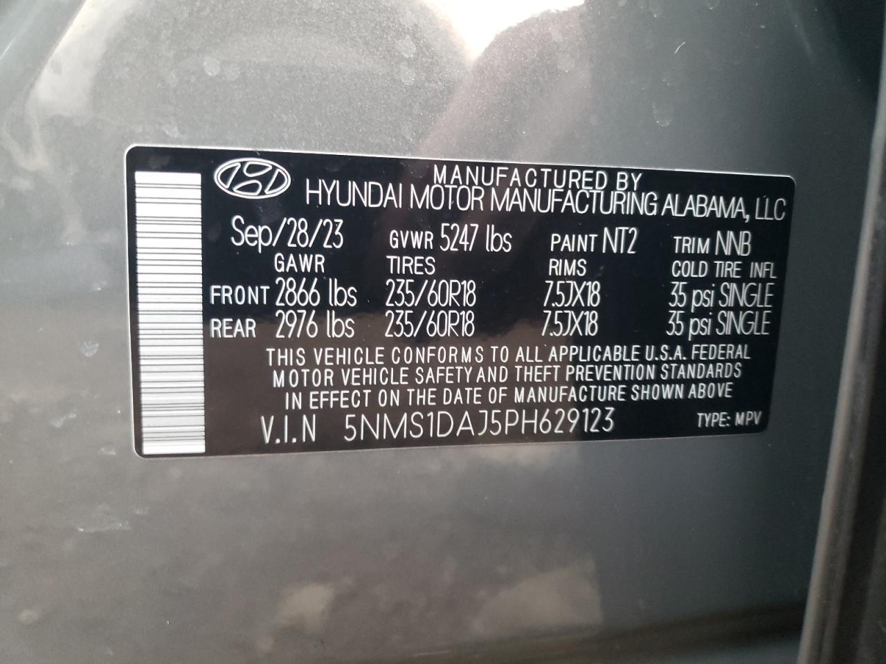 2023 HYUNDAI SANTA FE SE VIN:5NMS1DAJ5PH629123