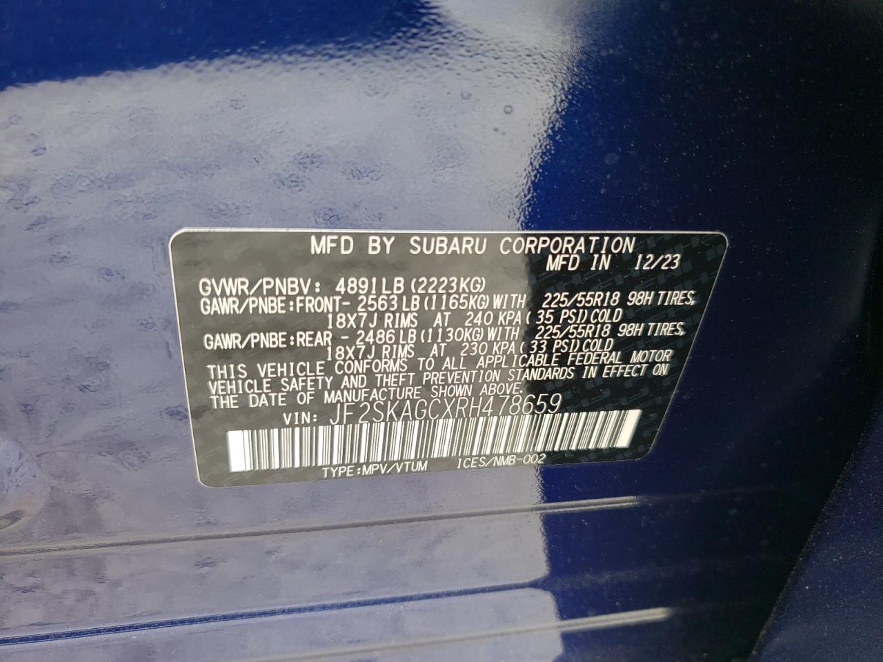 2024 SUBARU FORESTER SPORT VIN:JF2SKAGCXRH478659