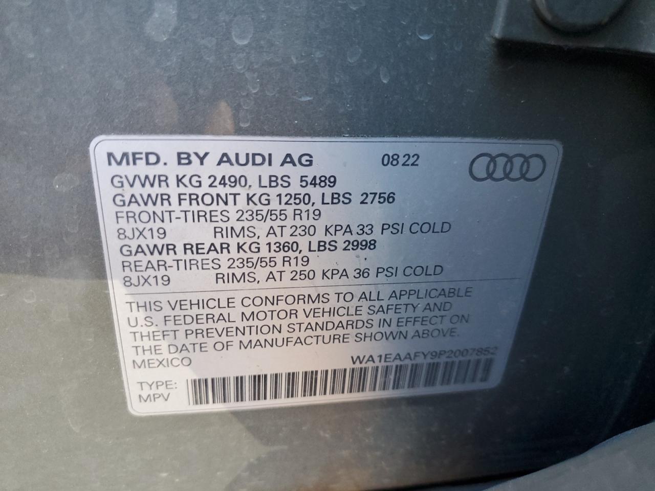 2023 AUDI Q5 PREMIUM PLUS 45 VIN:WA1EAAFY9P2007852