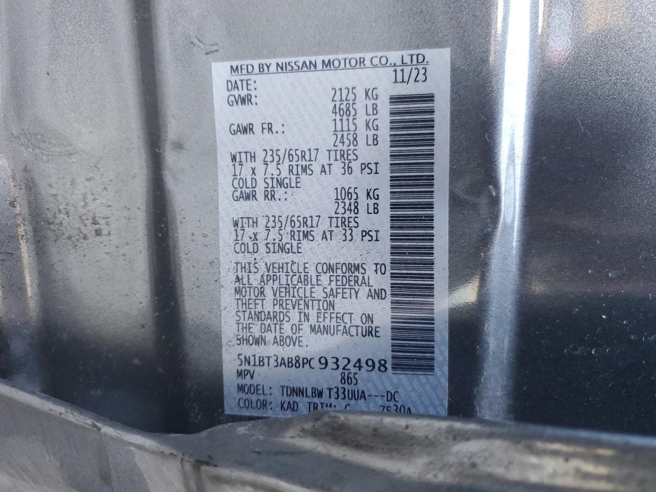 2023 NISSAN ROGUE S VIN:5N1BT3AB8PC932498
