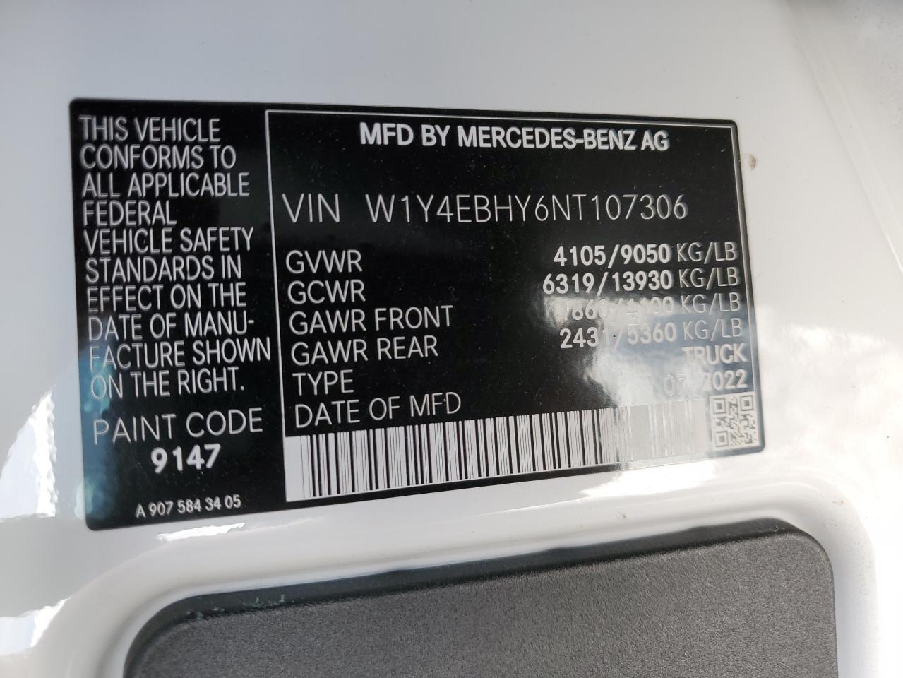 2022 MERCEDES-BENZ SPRINTER 2500 VIN:W1Y4EBHY6NT107306