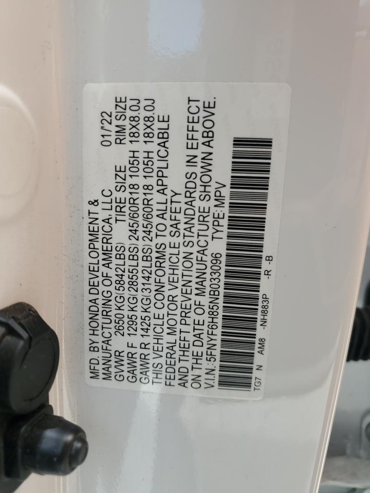 2022 HONDA PILOT TRAILSPORT VIN:5FNYF6H85NB033096