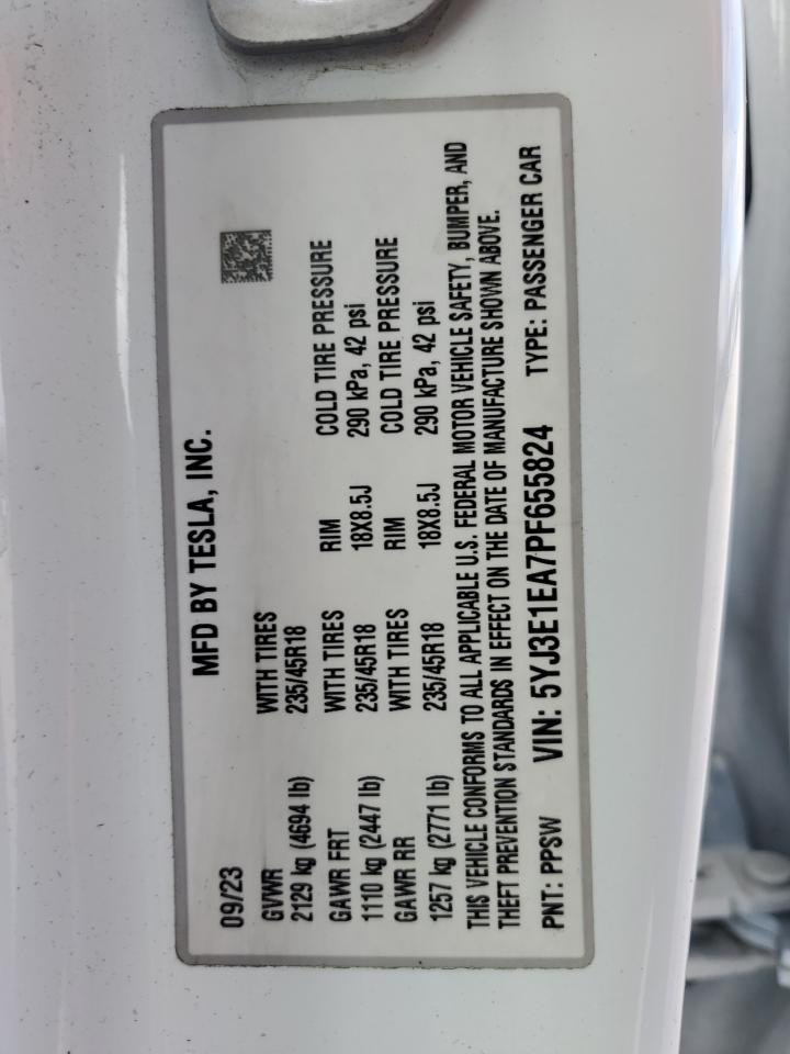 2023 TESLA MODEL 3  VIN:5YJ3E1EA7PF655824
