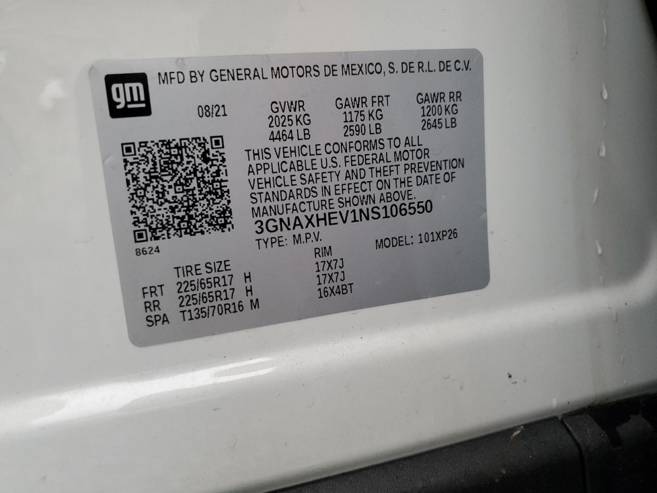 2022 CHEVROLET EQUINOX LS VIN:3GNAXHEV1NS106550