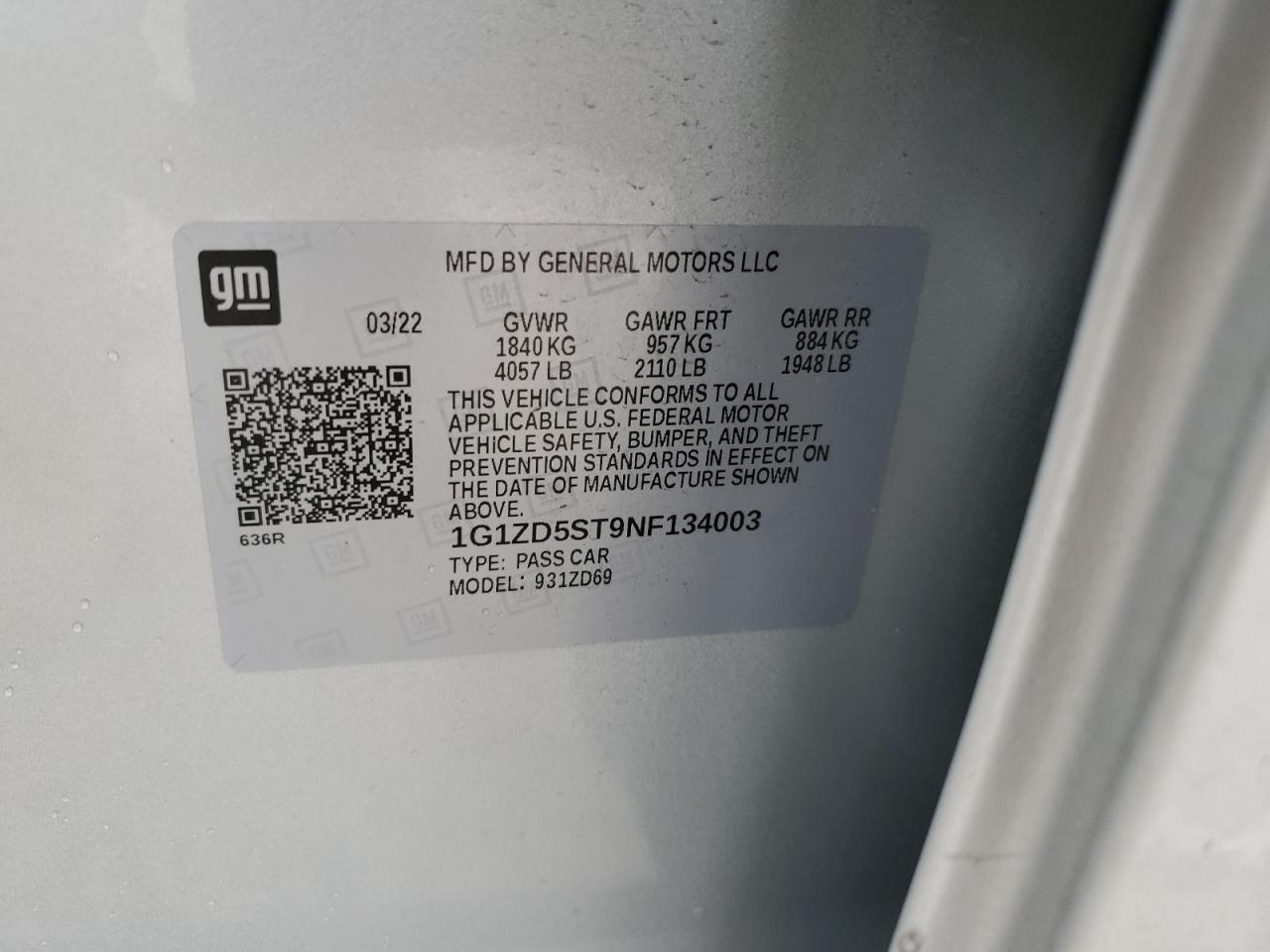 2022 CHEVROLET MALIBU LT VIN:1G1ZD5ST9NF134003