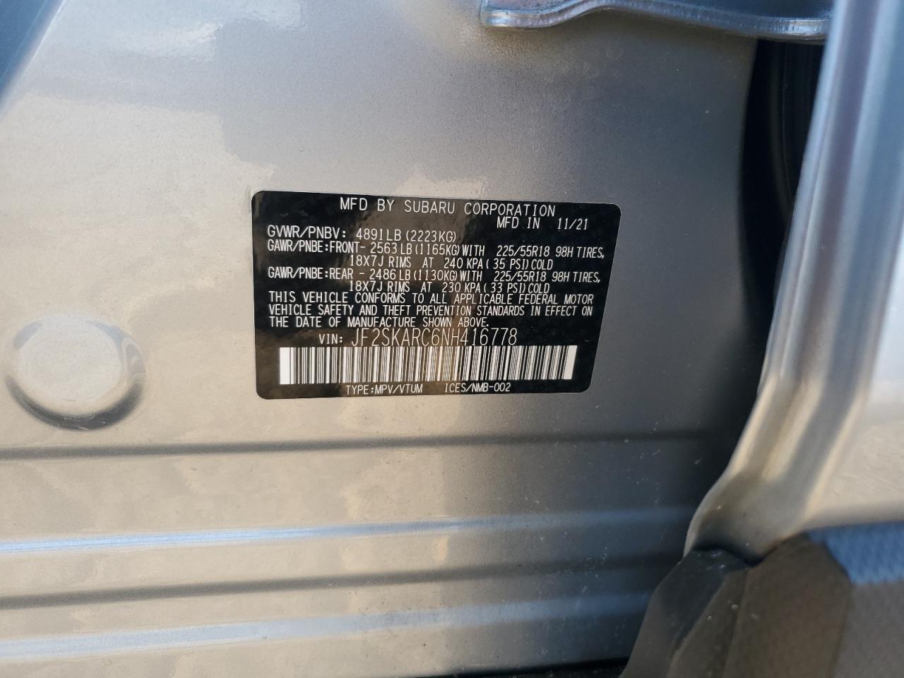 2022 SUBARU FORESTER TOURING VIN:JF2SKARC6NH416778