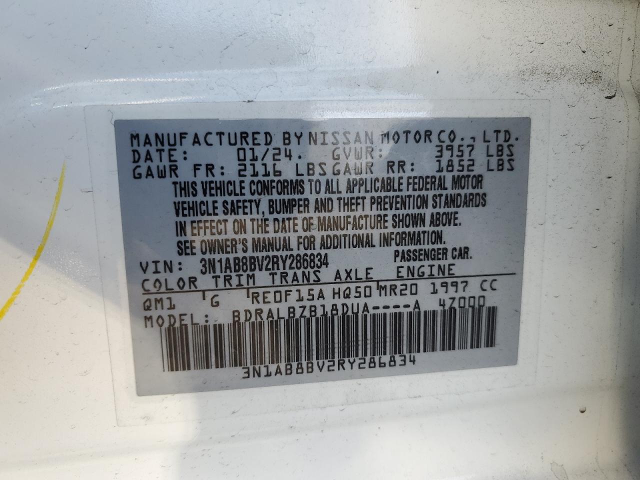 2024 NISSAN SENTRA S VIN:3N1AB8BV2RY286834