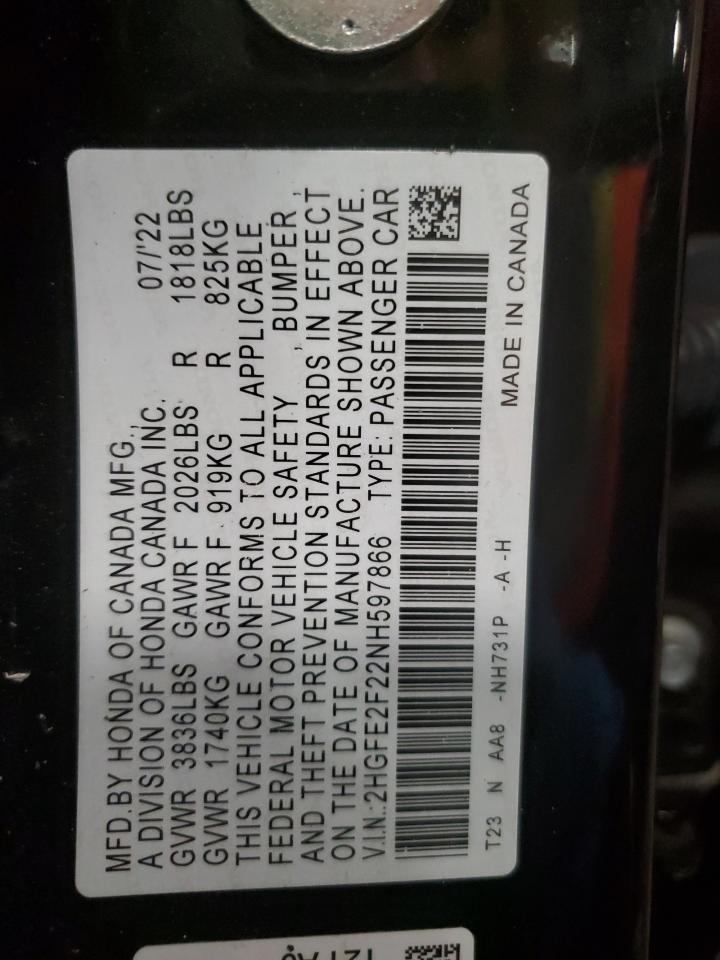 2022 HONDA CIVIC LX VIN:2HGFE2F22NH597866