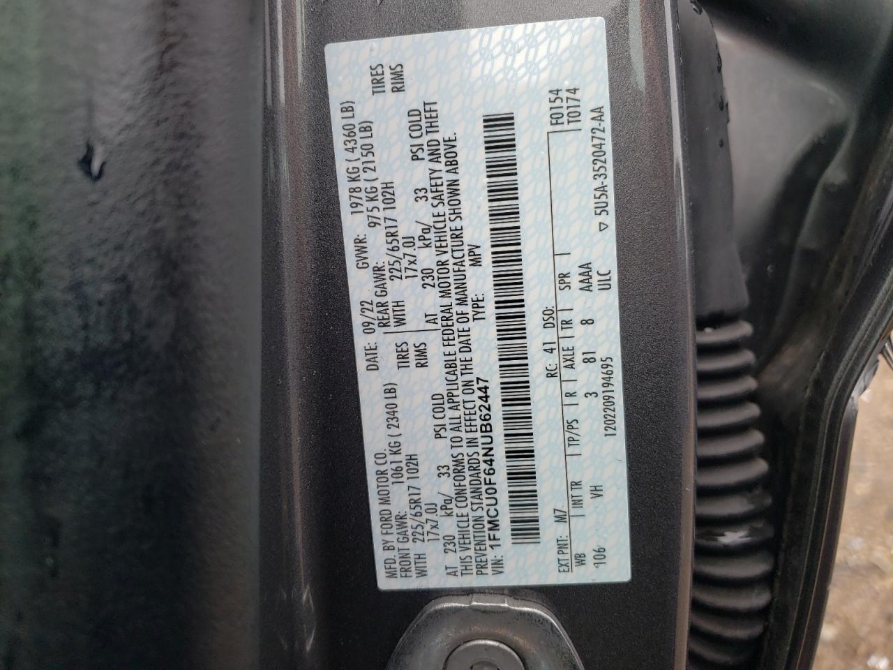 2022 FORD ESCAPE S VIN:1FMCU0F64NUB62447