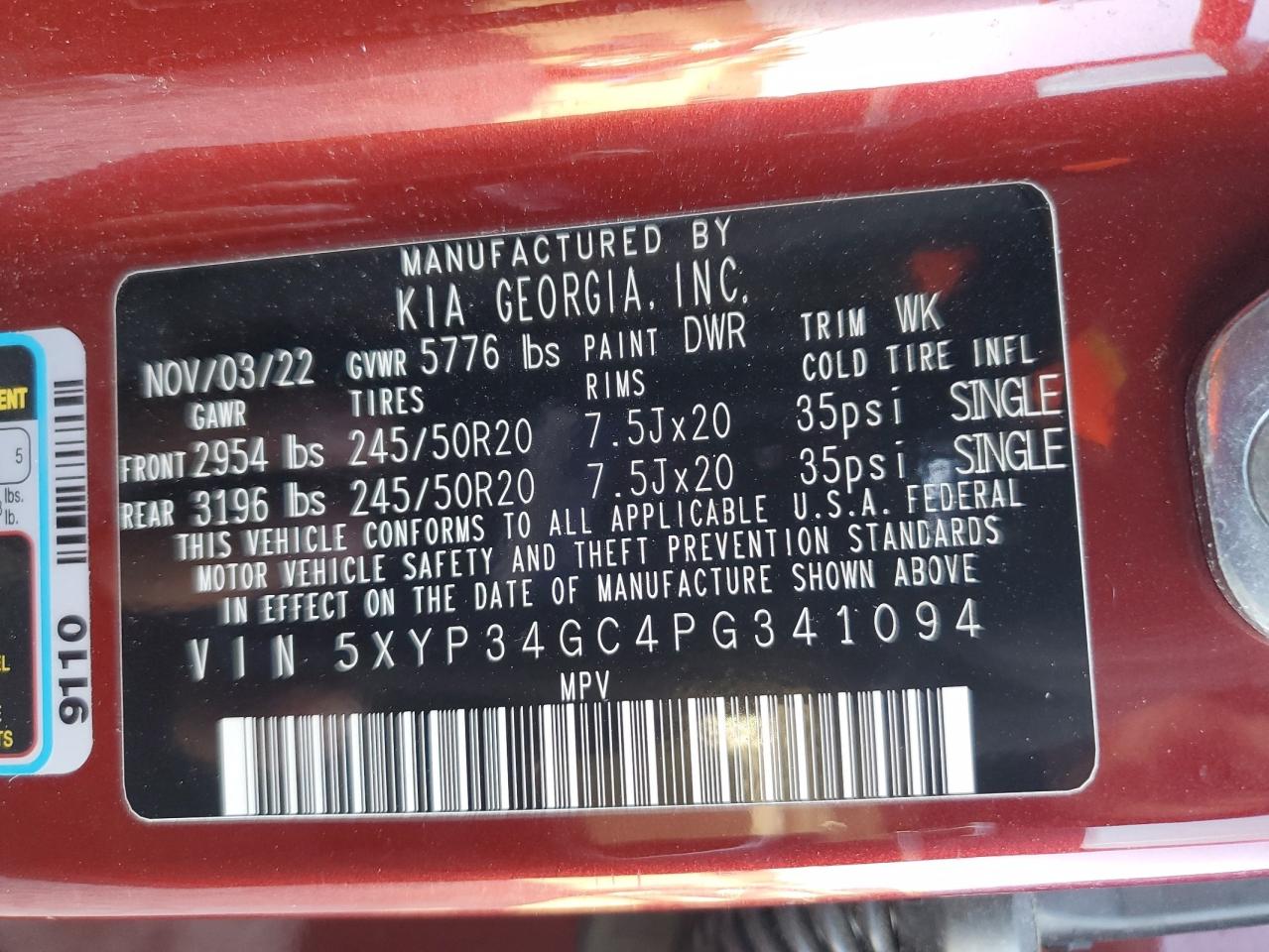 2023 KIA TELLURIDE EX VIN:5XYP34GC4PG341094