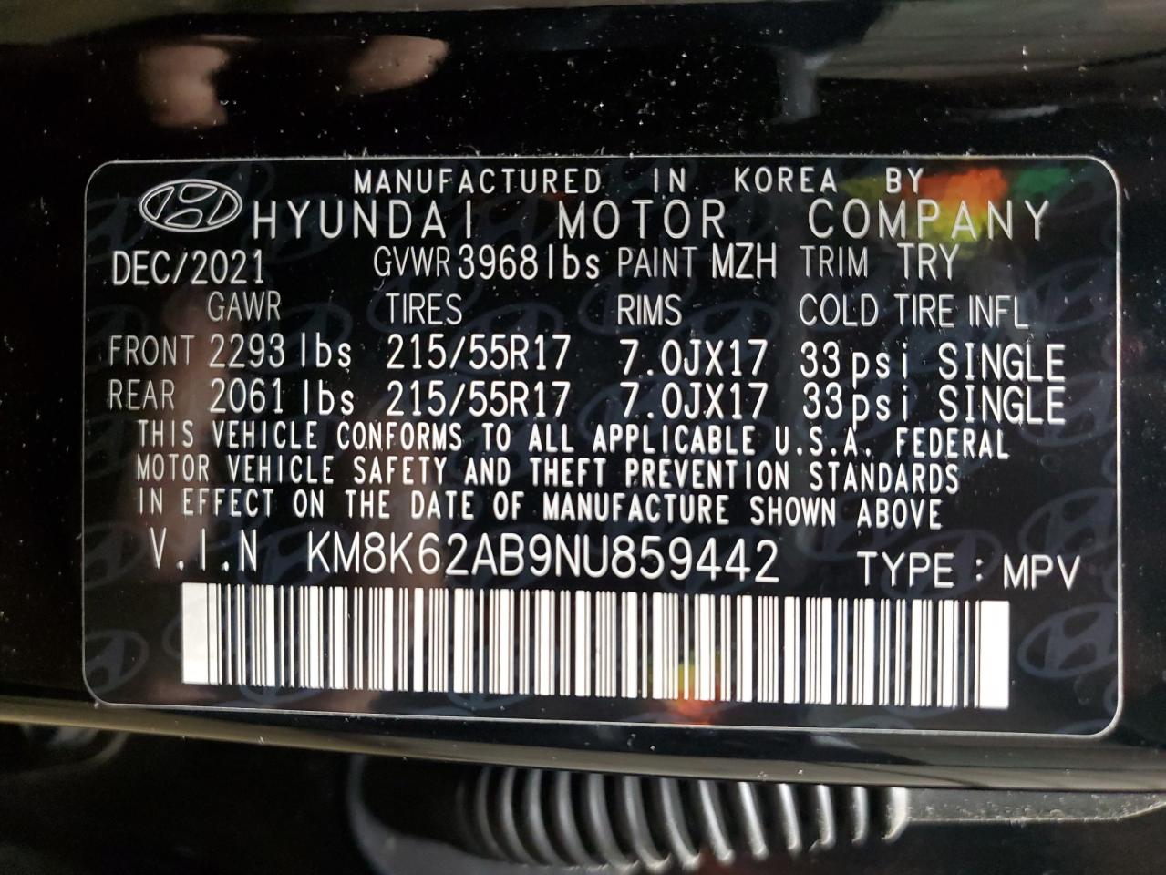 2022 HYUNDAI KONA SEL VIN:KM8K62AB9NU859442