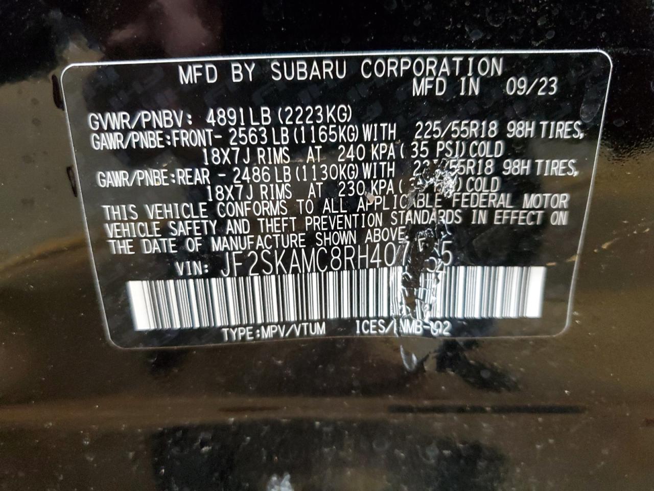 2024 SUBARU FORESTER TOURING VIN:JF2SKAMC8RH407545