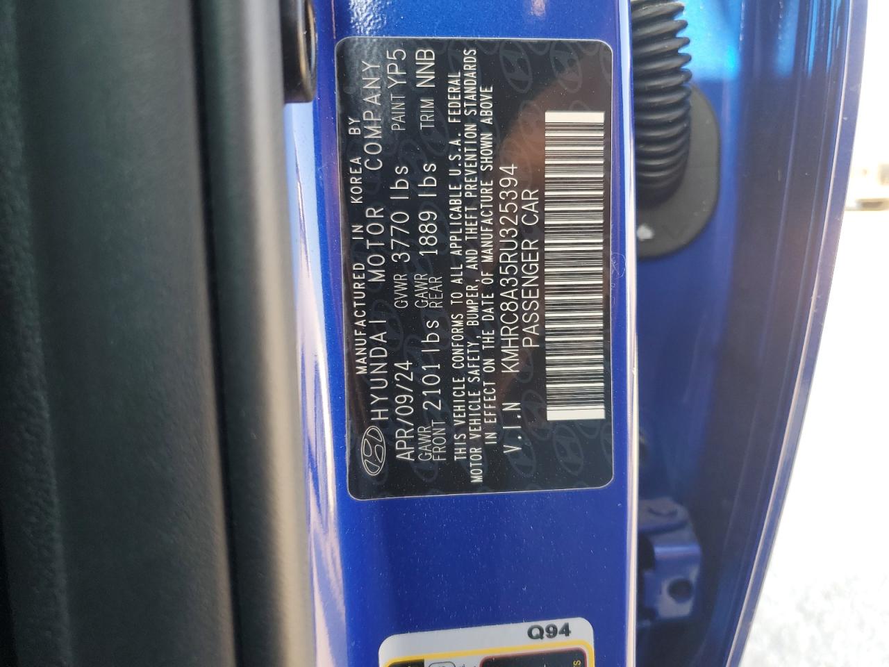 2024 HYUNDAI VENUE SEL VIN:KMHRC8A35RU325394