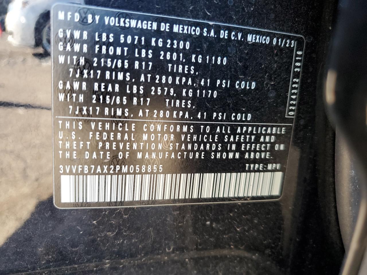 2023 VOLKSWAGEN TIGUAN S VIN:3VVFB7AX2PM058855