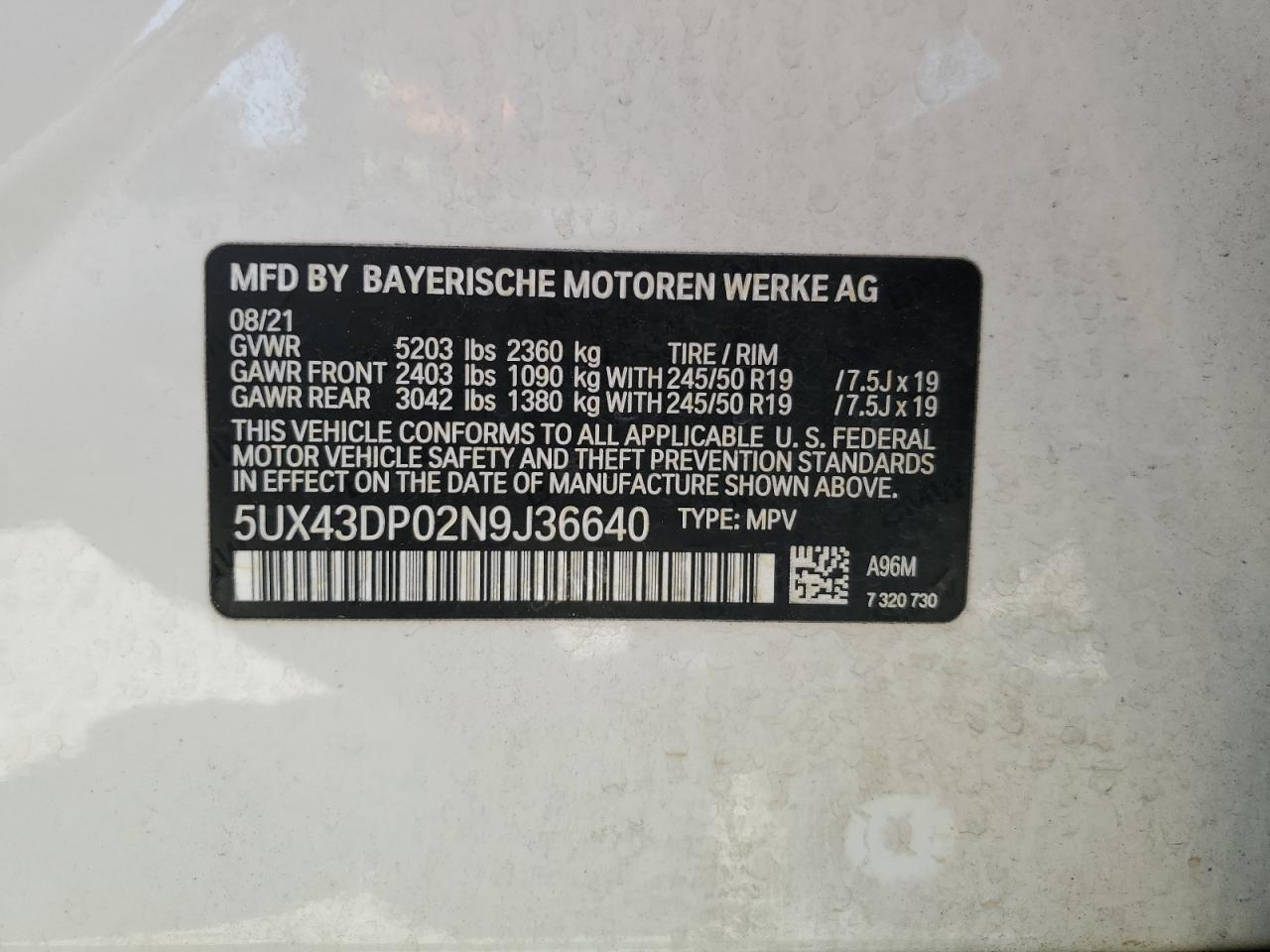 2022 BMW X3 SDRIVE30I VIN:5UX43DP02N9J36640