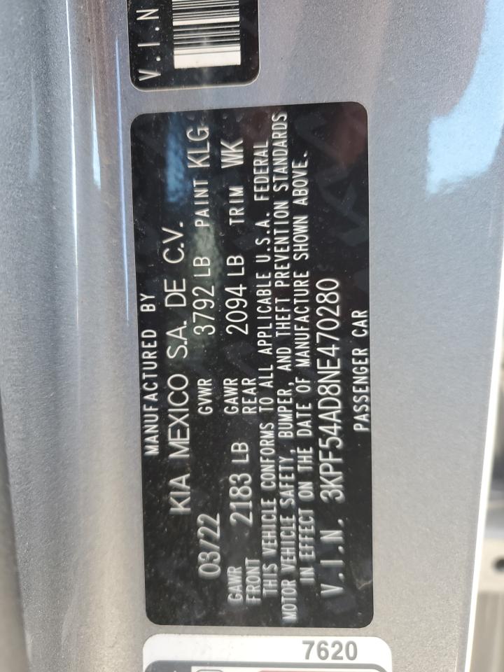 2022 KIA FORTE GT LINE VIN:3KPF54AD8NE470280