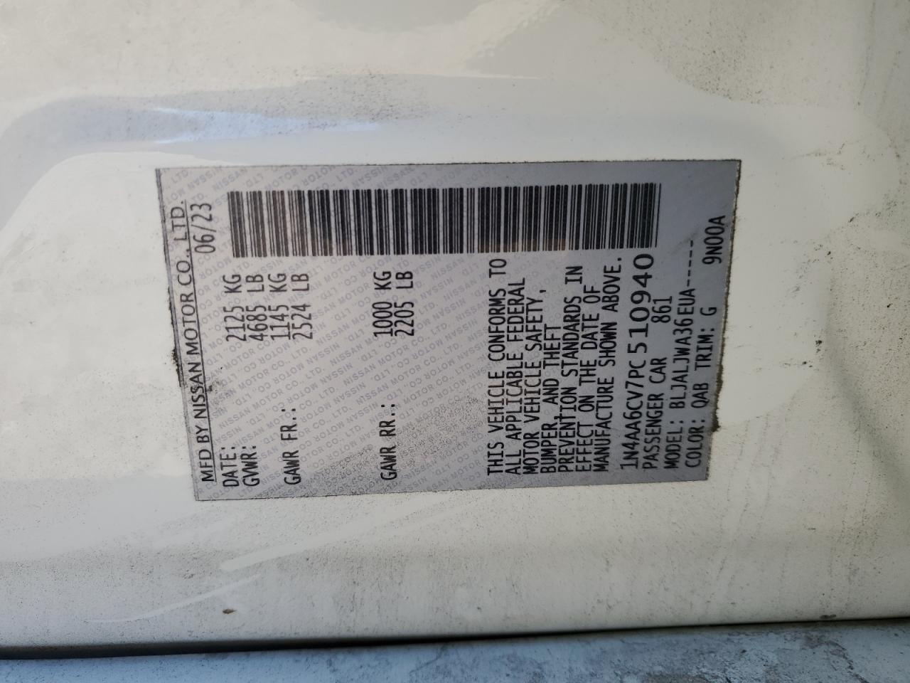 2023 NISSAN MAXIMA SV VIN:1N4AA6CV7PC510940