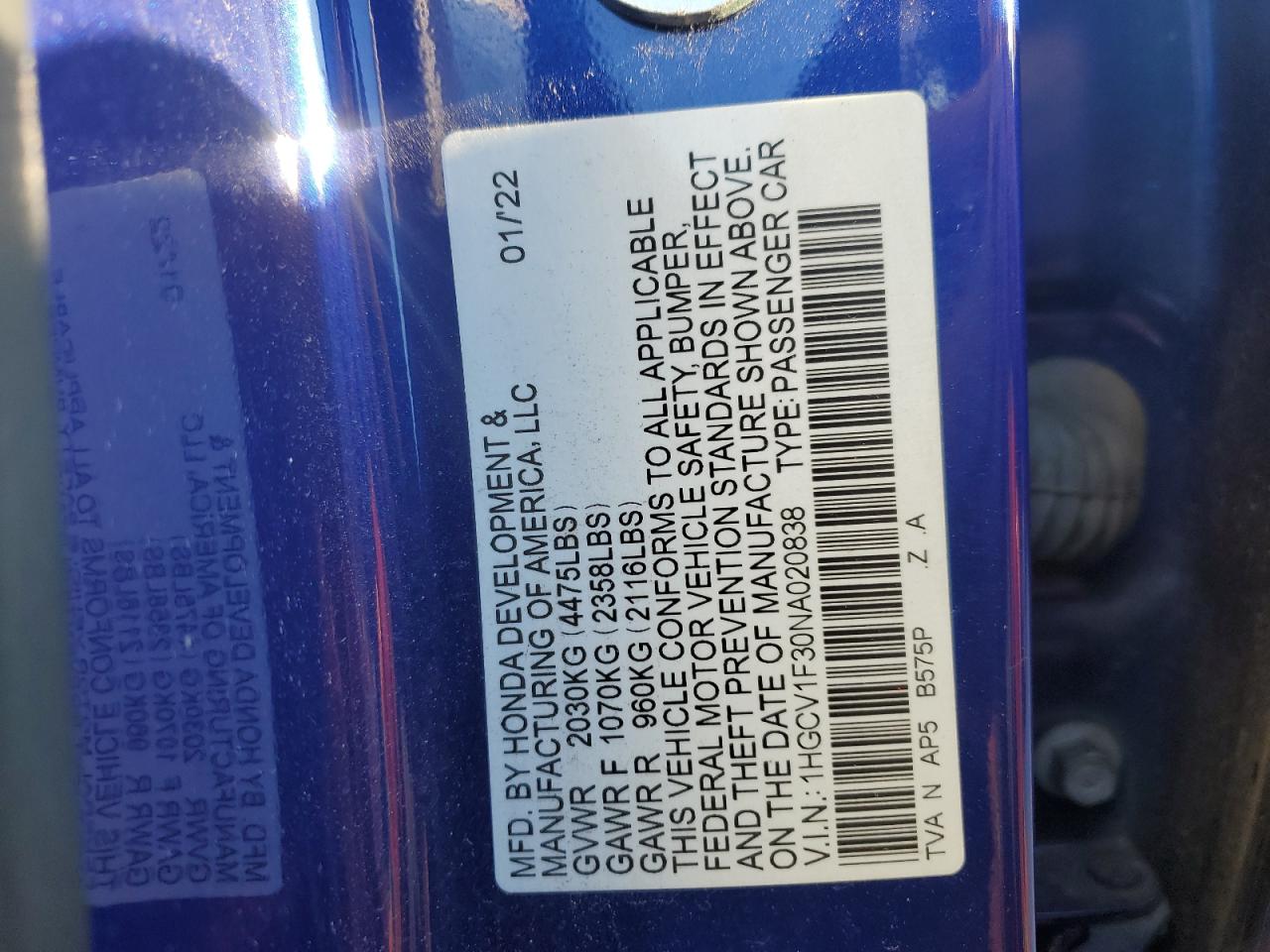 2022 HONDA ACCORD SPORT VIN:1HGCV1F30NA020838