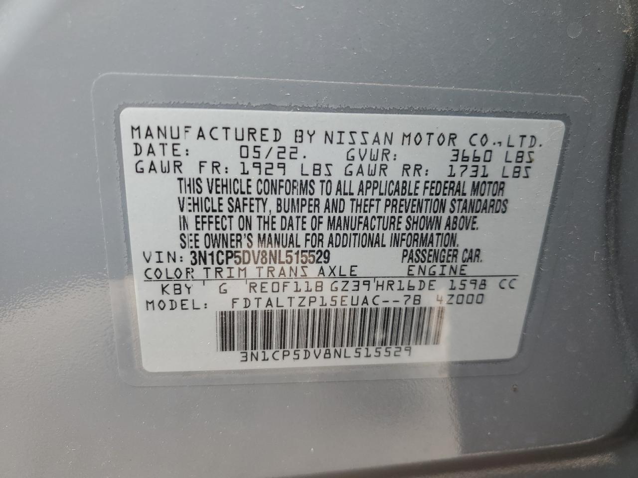 2022 NISSAN KICKS SR VIN:3N1CP5DV8NL515529