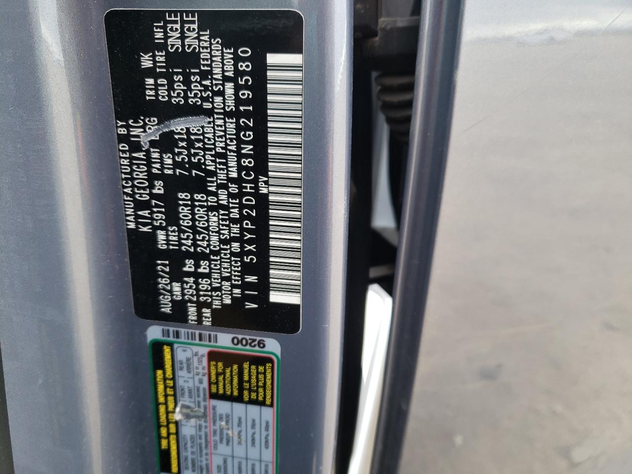 2022 KIA TELLURIDE LX VIN:5XYP2DHC8NG219580