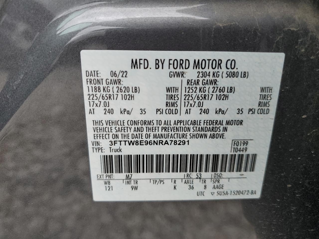 2022 FORD MAVERICK XL VIN:3FTTW8E96NRA78291
